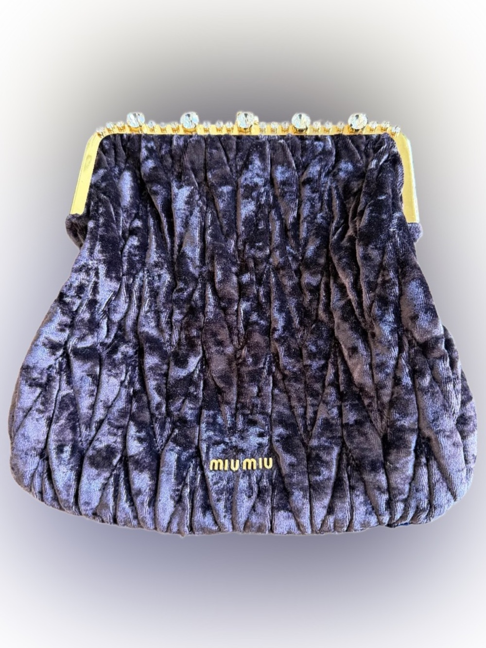 Miu Miu Plush Velvet Crystal-Trim Clutch in Dark Purple with Gold Frame